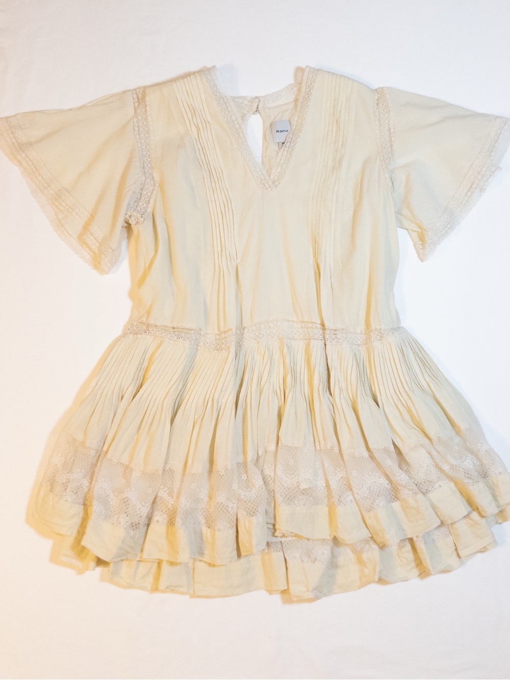 Maeve Anthropologie Cream Pintuck Swing Tunic Dress V Neck Tiered Ruffle Size M